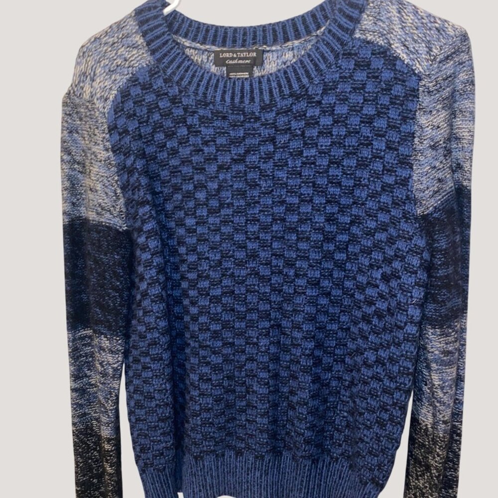 Lord Taylor Sweater Cashmere Medium Pull Over Navy Blue Gray Checkerboard Knit